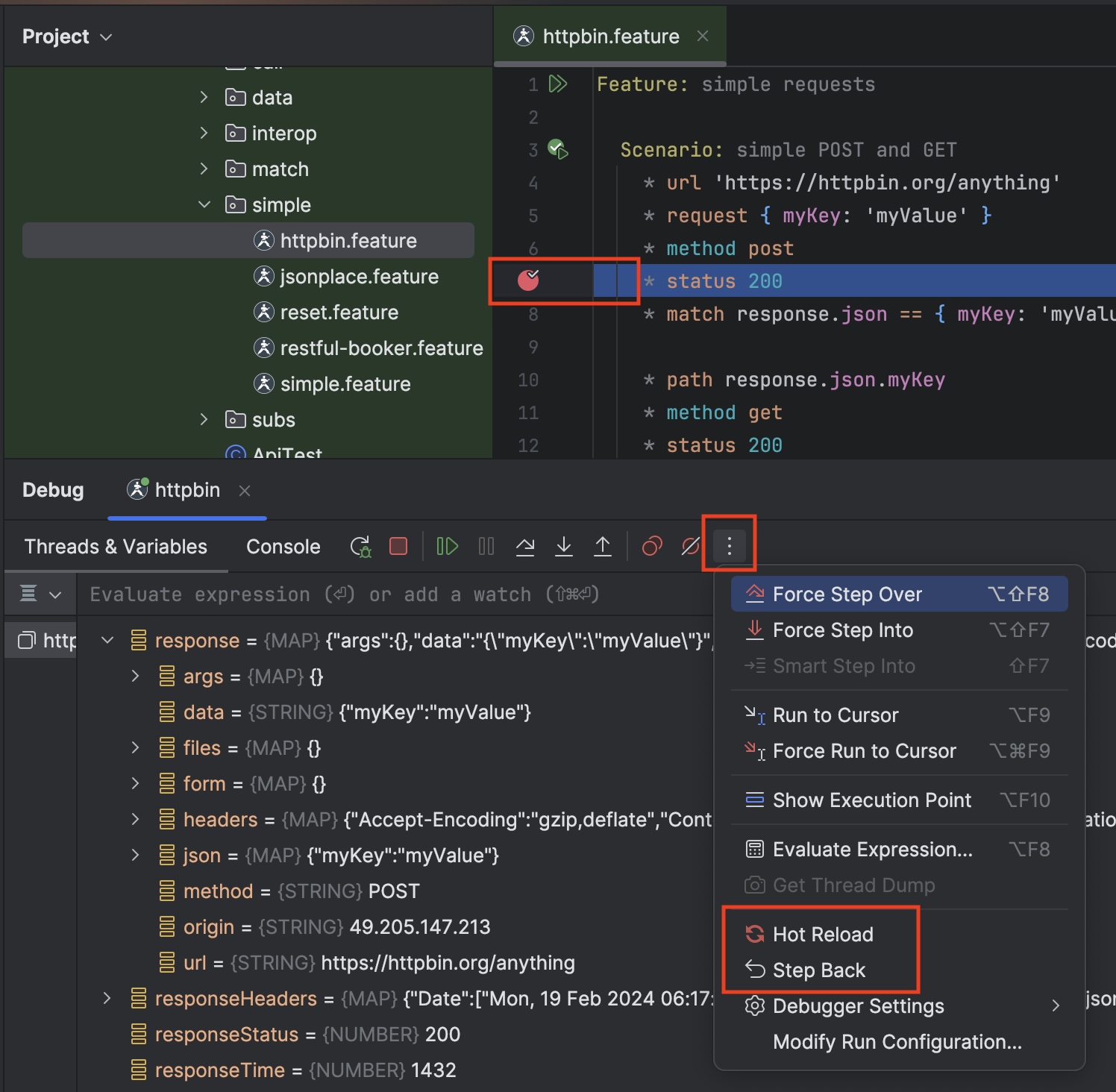 Debugging a Karate feature file with the variables panel