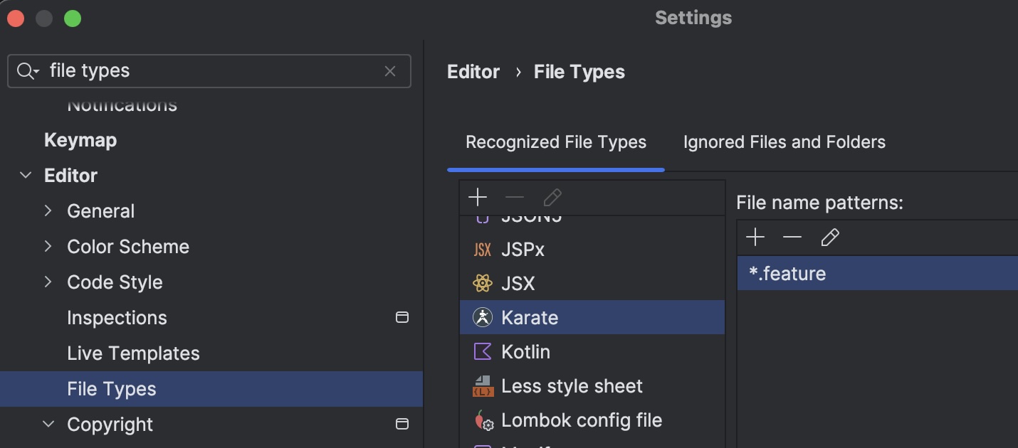 Recognized file types settings in IntelliJ