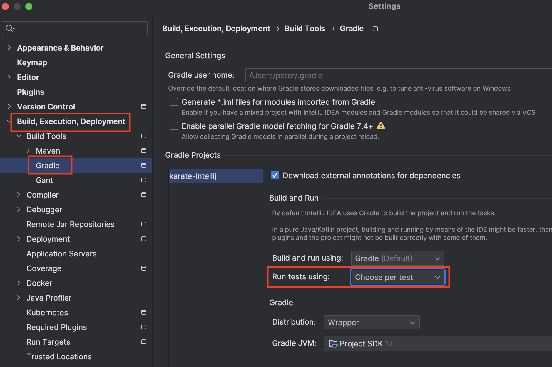 Gradle build and run settings in IntelliJ