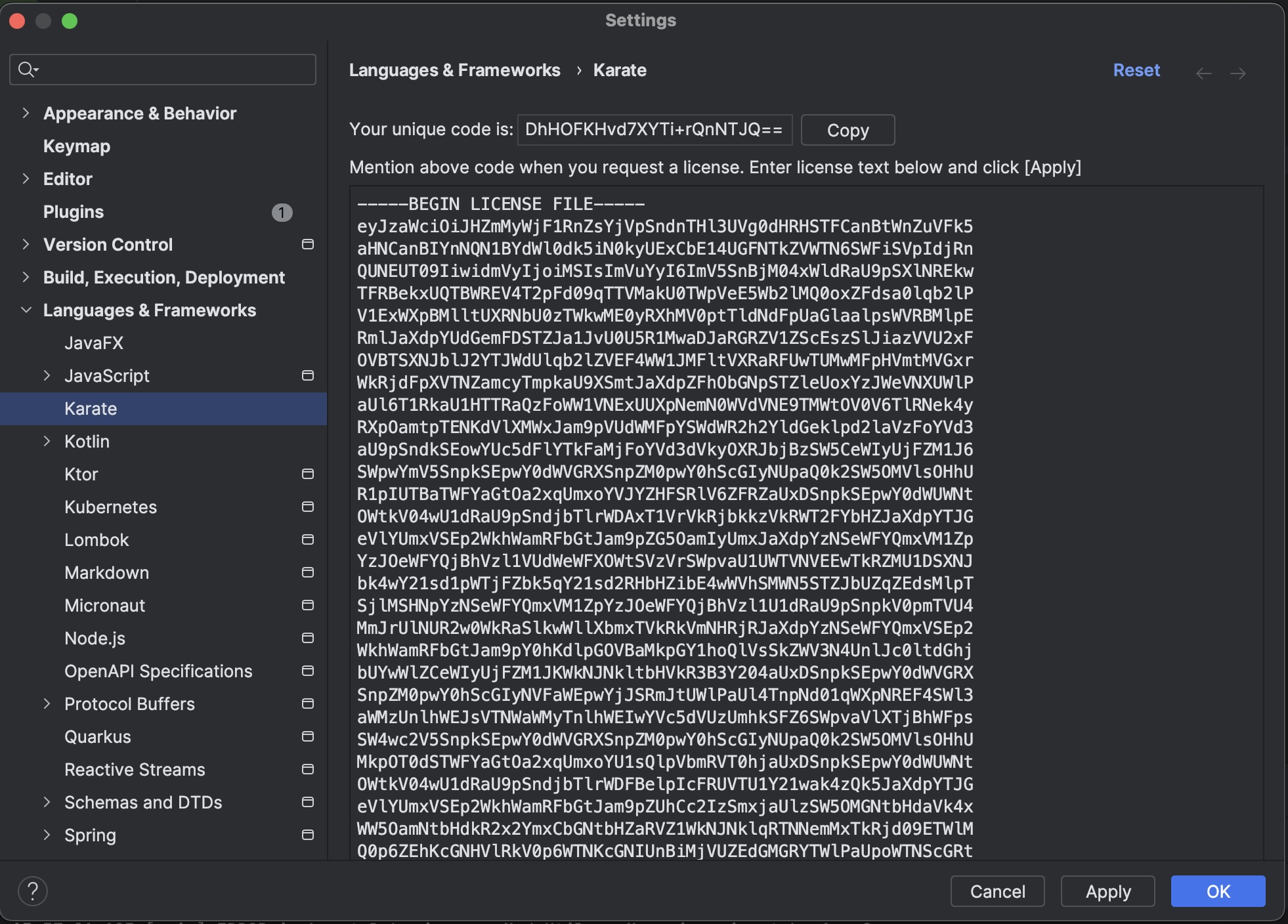 Pasting an offline license file in IntelliJ