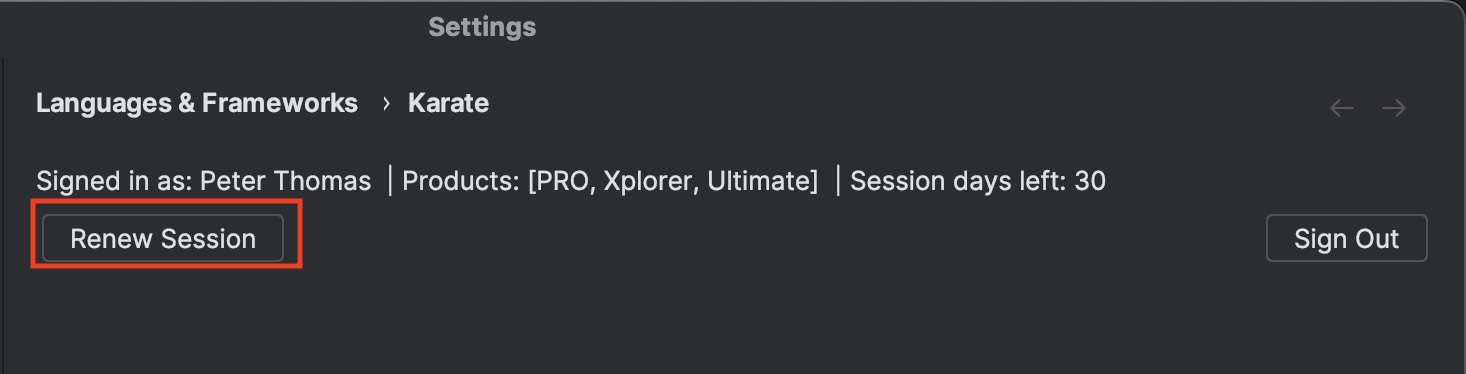 Session renewal button in IntelliJ settings