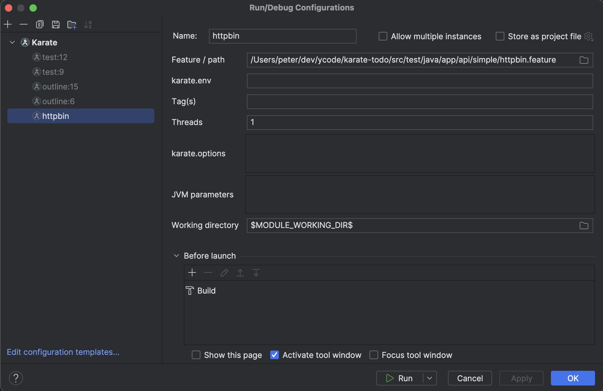 Karate run configuration dialog in IntelliJ