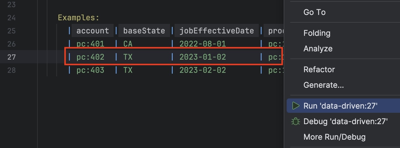 Run a single example from an Examples data row