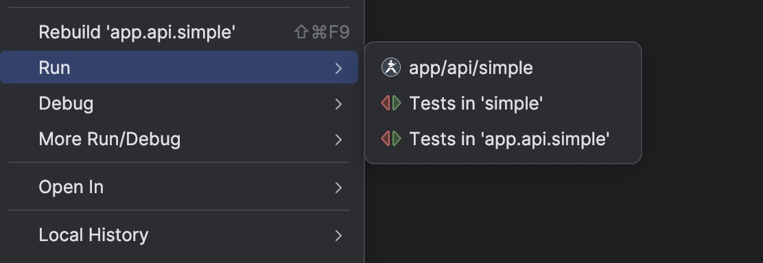 Right-click context menu to run all tests in a folder