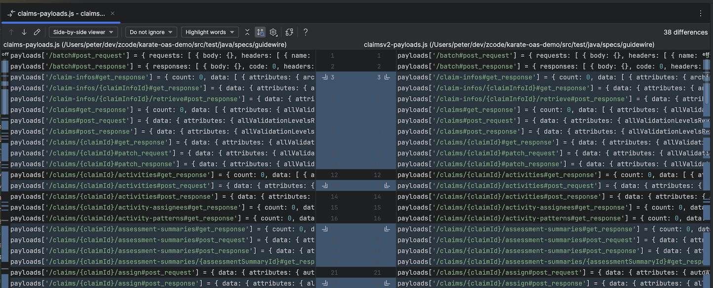 Diff view comparing two exported API schemas