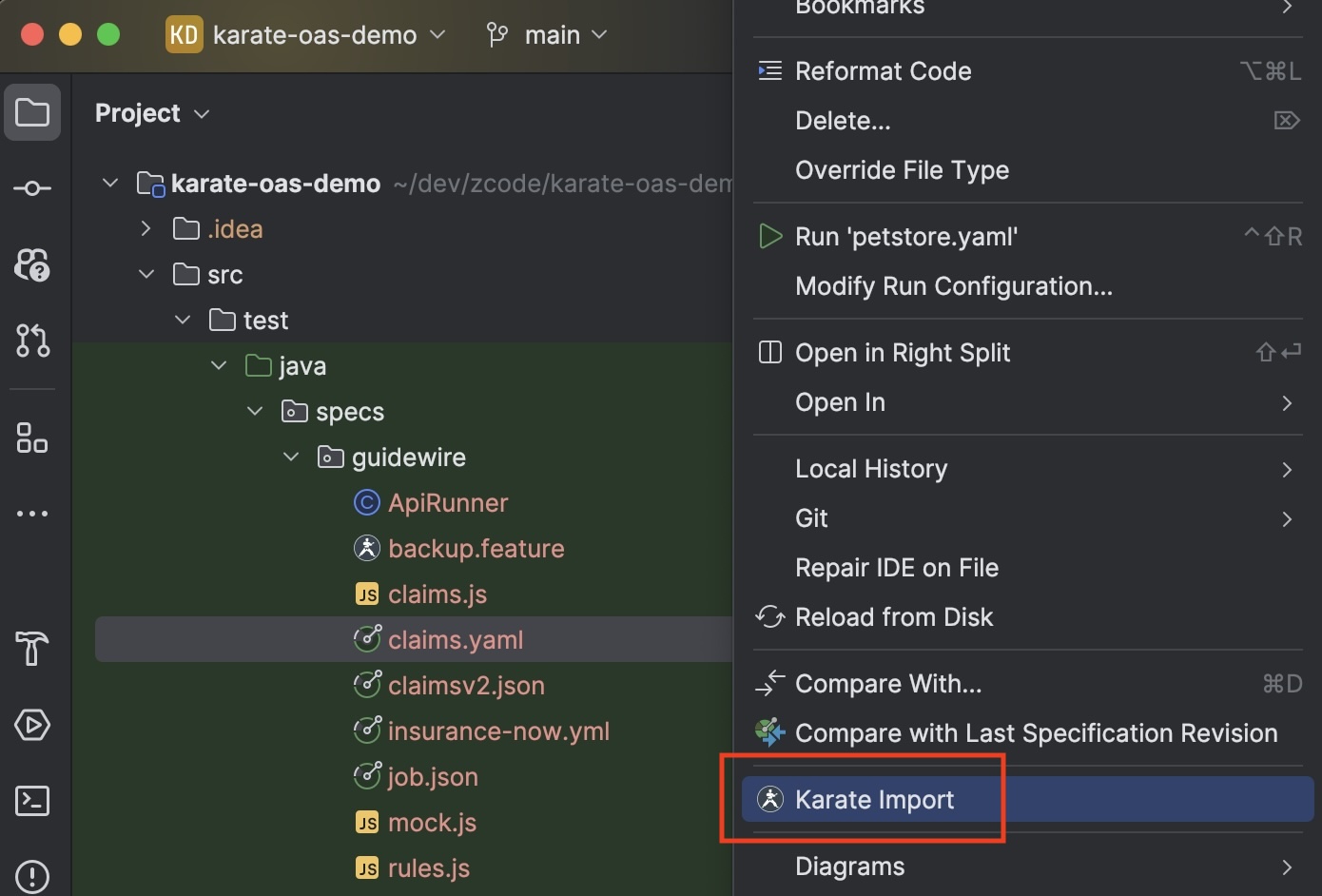 Karate Import menu on an OpenAPI spec file
