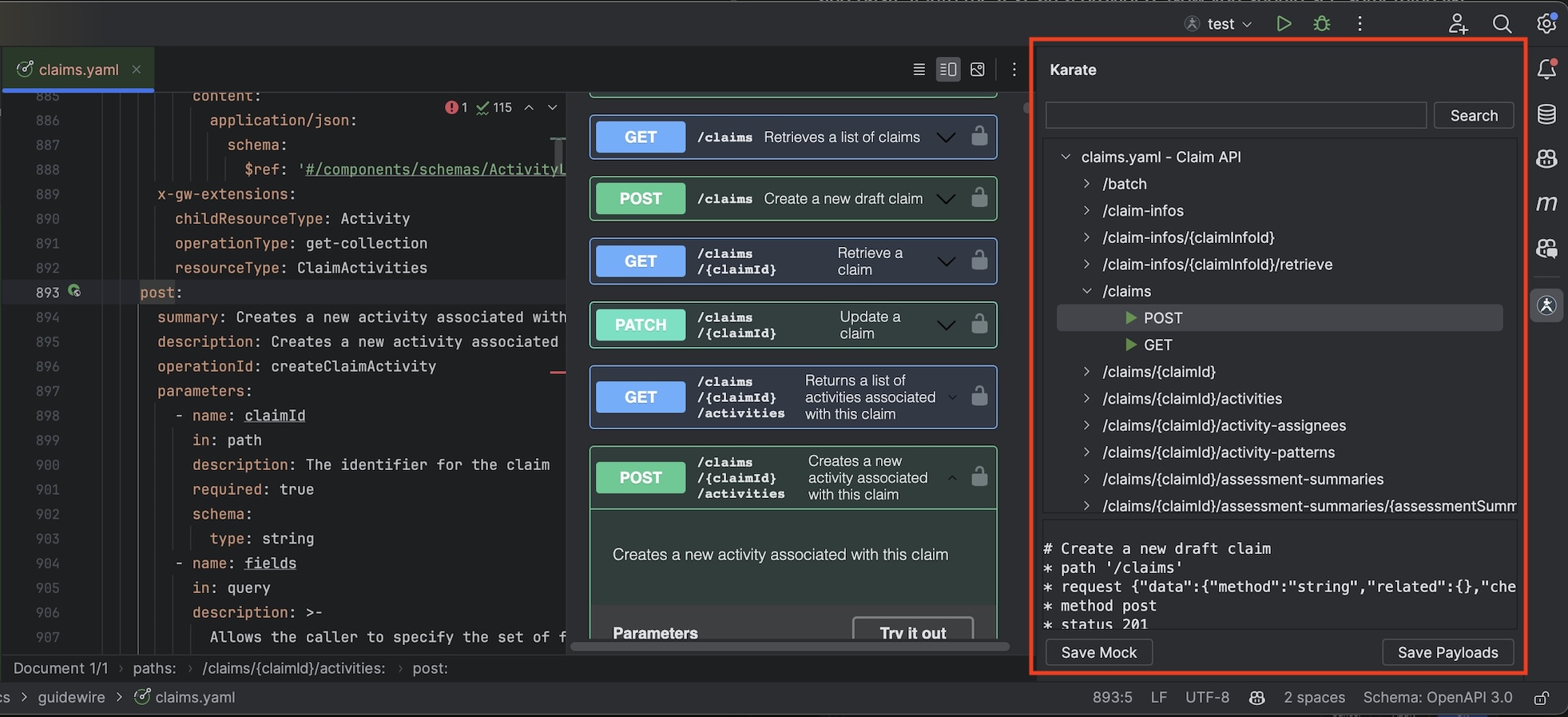Karate tool window showing imported OpenAPI methods