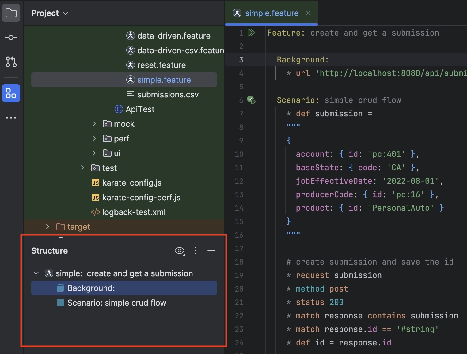 IntelliJ structure view for a Karate feature file
