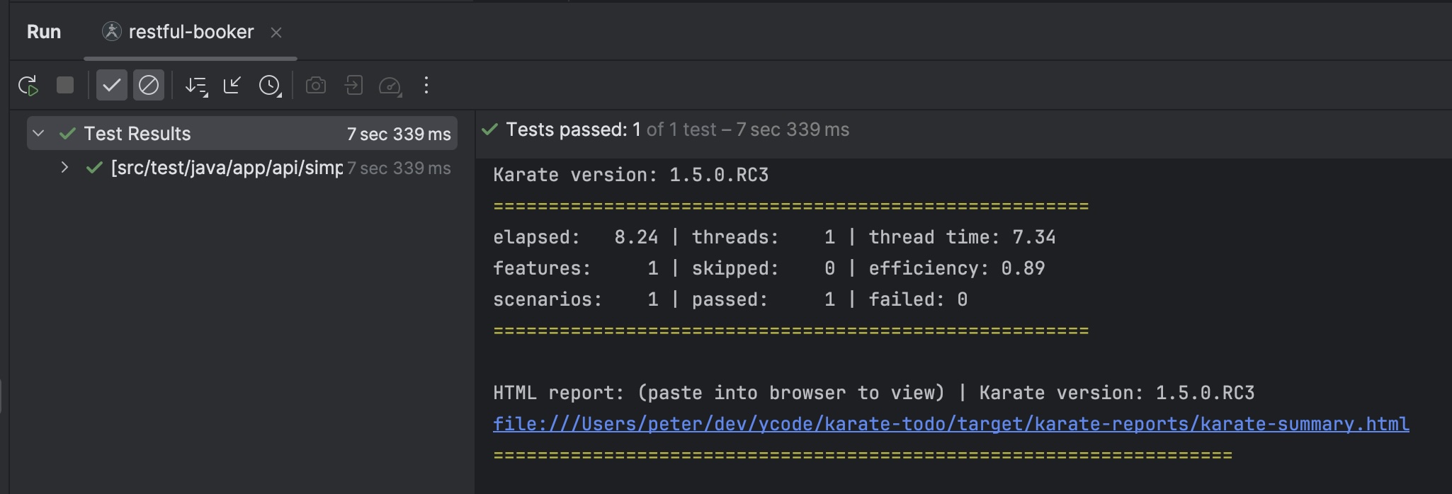 Karate test results in the IntelliJ test runner panel