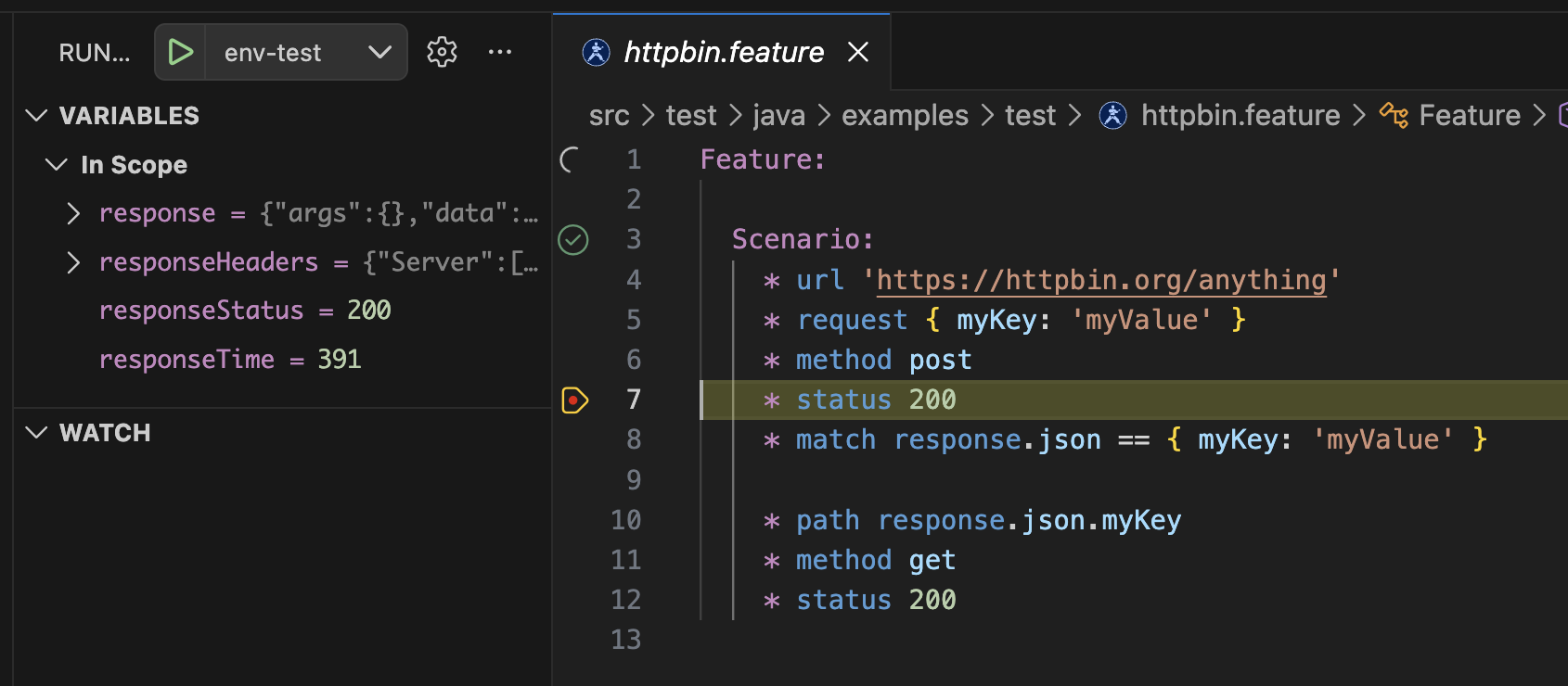 Debugging a Karate feature file in VS Code