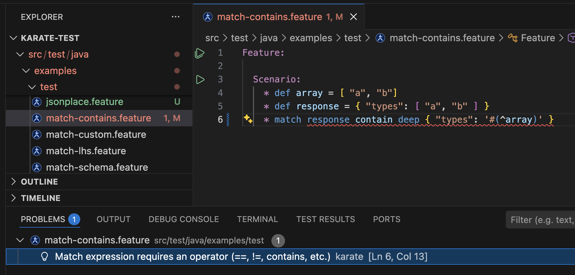 Real-time syntax diagnostics in a Karate feature file