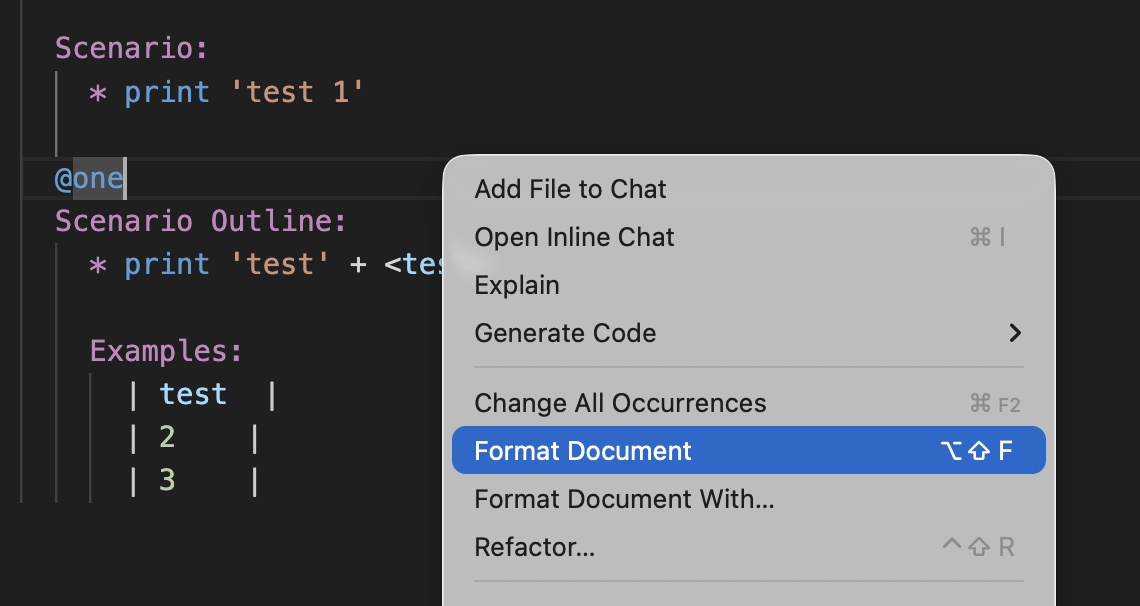 Karate feature formatted in VS Code