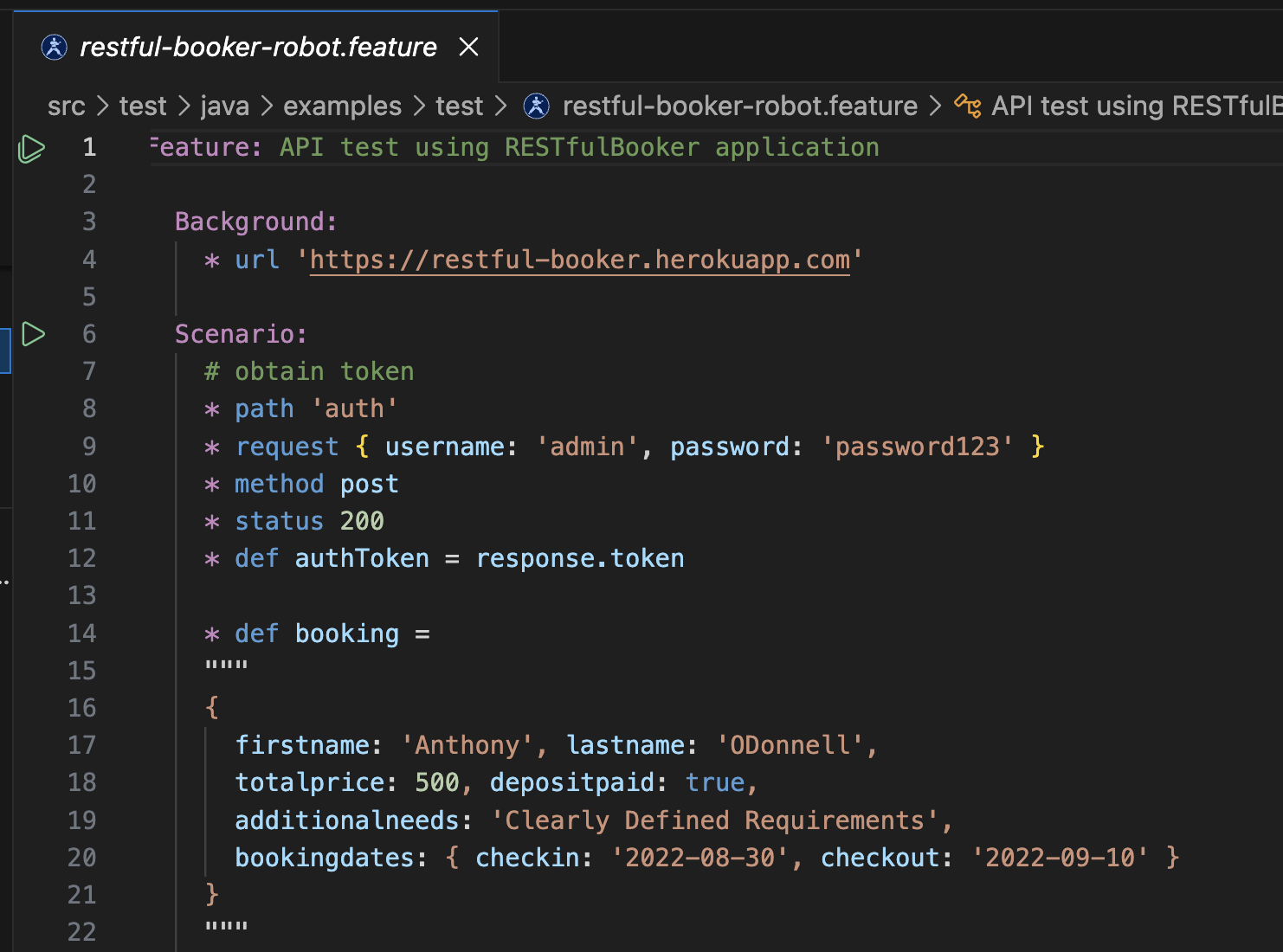 Karate syntax highlighting in a feature file